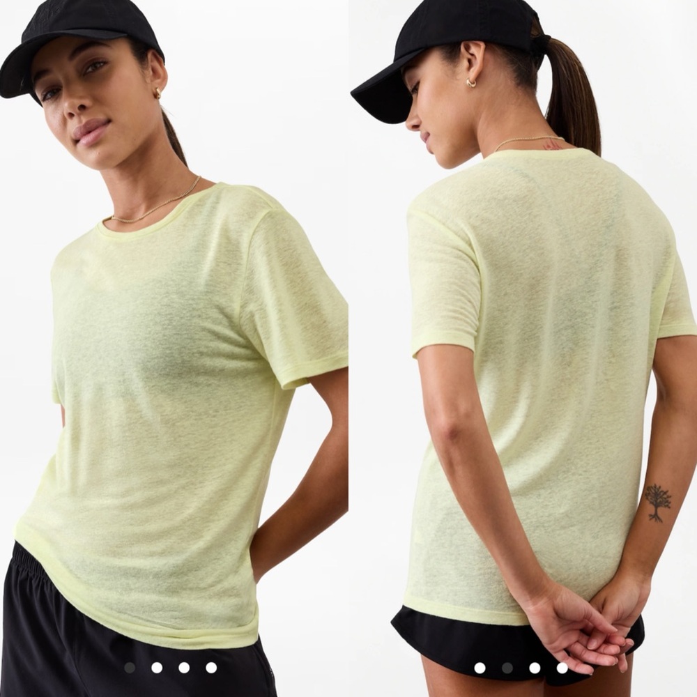 L NWT Athleta Getaway Linen Blend Tee short sleeve T-shirt Limone (light yellow)